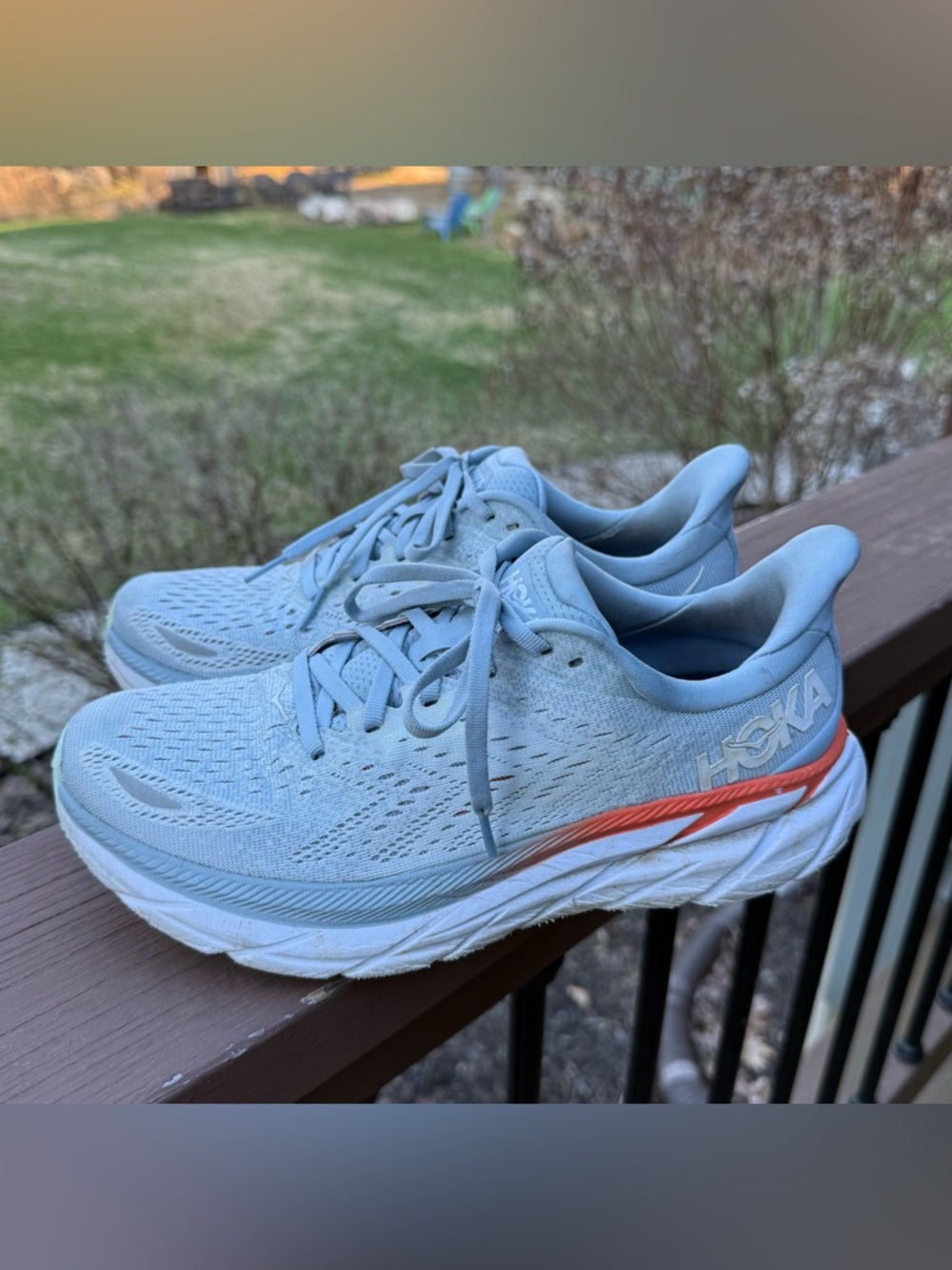 Hoka Women’s Pale Blue Running Shoes with Coral Accent